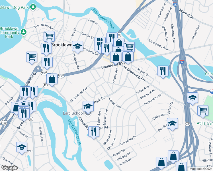 map of restaurants, bars, coffee shops, grocery stores, and more near 1120 Howard Avenue in Bellmawr