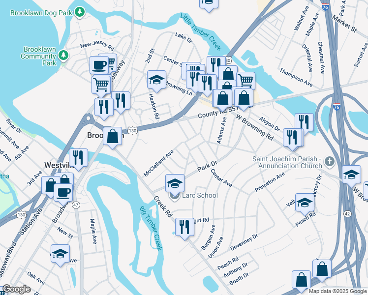map of restaurants, bars, coffee shops, grocery stores, and more near 1133 Logan Avenue in Bellmawr
