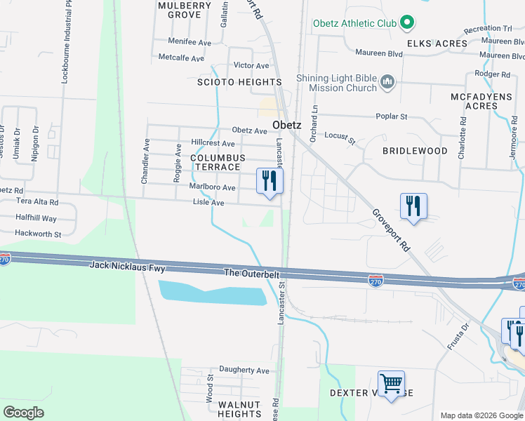 map of restaurants, bars, coffee shops, grocery stores, and more near 1874 Lisle Avenue in Obetz
