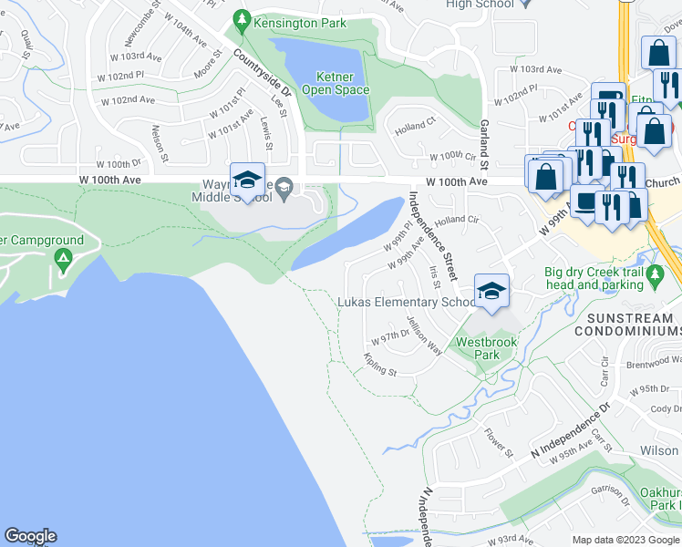 map of restaurants, bars, coffee shops, grocery stores, and more near 9971 Kline Street in Broomfield