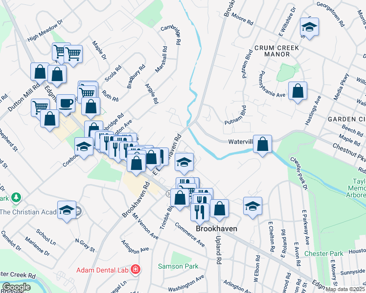 map of restaurants, bars, coffee shops, grocery stores, and more near 212 Creekside Drive in Brookhaven