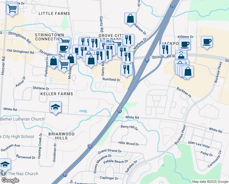 map of restaurants, bars, coffee shops, grocery stores, and more near 4289 Moreland Circle West in Grove City