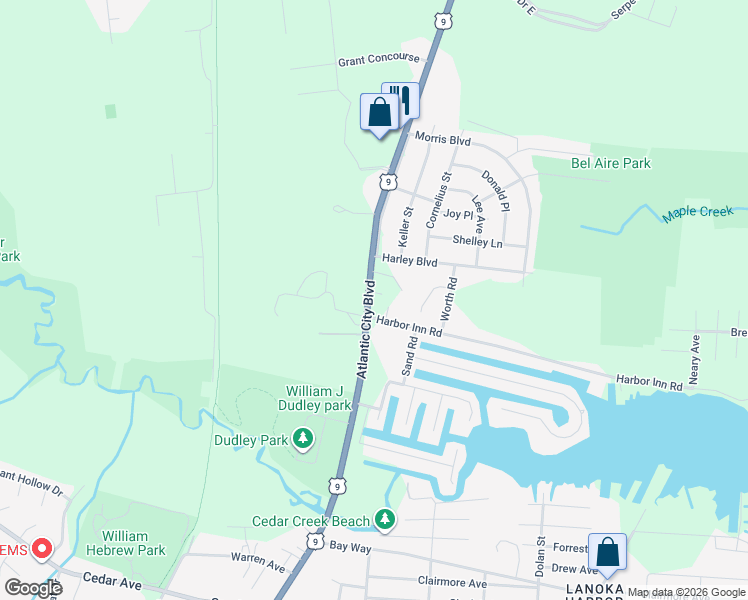 map of restaurants, bars, coffee shops, grocery stores, and more near 1046 Atlantic City Boulevard in Berkeley Township