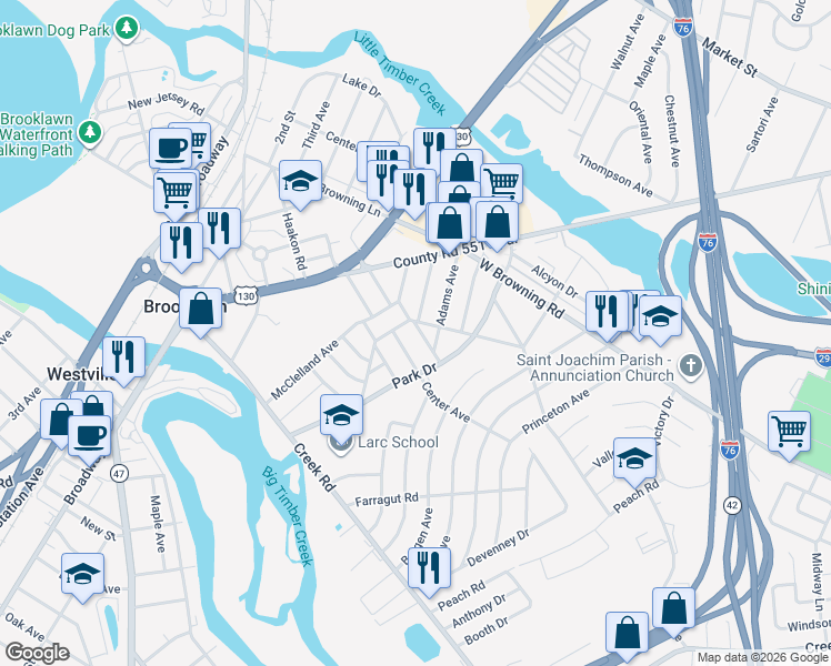 map of restaurants, bars, coffee shops, grocery stores, and more near 1120 Howard Avenue in Bellmawr