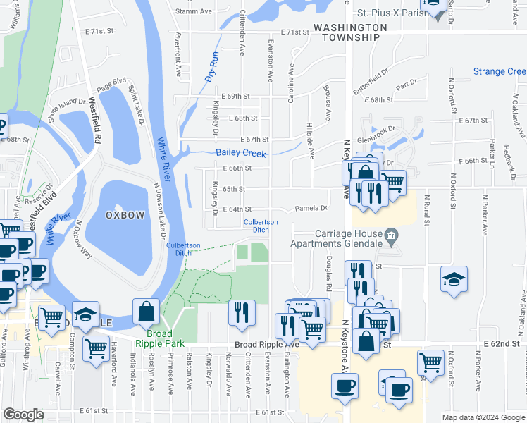 map of restaurants, bars, coffee shops, grocery stores, and more near 1939 East 64th Street in Indianapolis