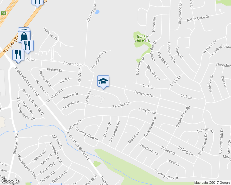 map of restaurants, bars, coffee shops, grocery stores, and more near 407 Cranford Road in Cherry Hill