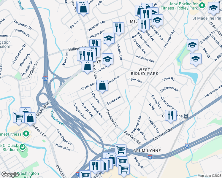 map of restaurants, bars, coffee shops, grocery stores, and more near 1219 Lukens Avenue in Woodlyn