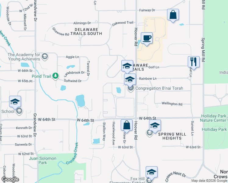 map of restaurants, bars, coffee shops, grocery stores, and more near 915 Hoover Village Drive in Indianapolis