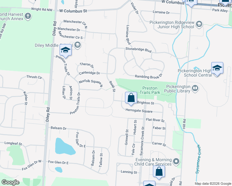 map of restaurants, bars, coffee shops, grocery stores, and more near 613 Raab Street in Pickerington