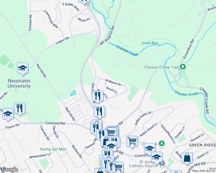 map of restaurants, bars, coffee shops, grocery stores, and more near 235 Kevin Lane in Media