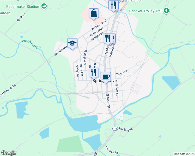 map of restaurants, bars, coffee shops, grocery stores, and more near 17 North Water Street in Spring Grove