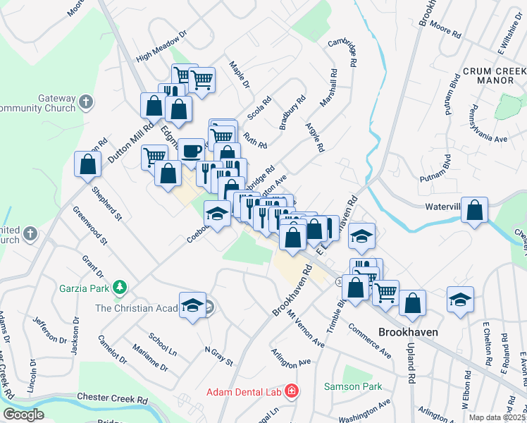 map of restaurants, bars, coffee shops, grocery stores, and more near 26 Grandview Avenue in Brookhaven