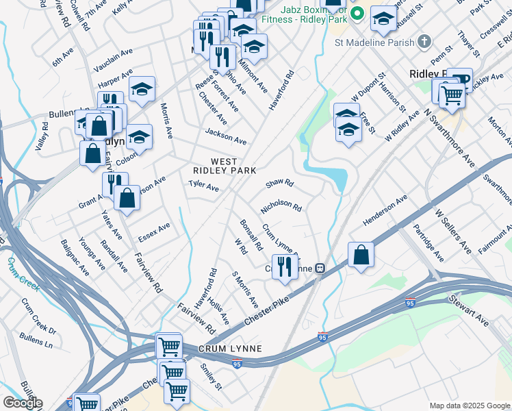 map of restaurants, bars, coffee shops, grocery stores, and more near 525 Crum Lynne Road in Ridley Park