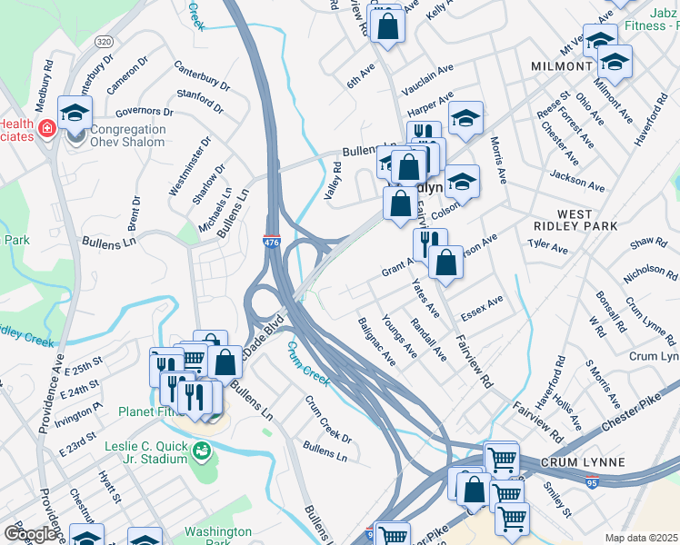 map of restaurants, bars, coffee shops, grocery stores, and more near 1400 MacDade Boulevard in Woodlyn
