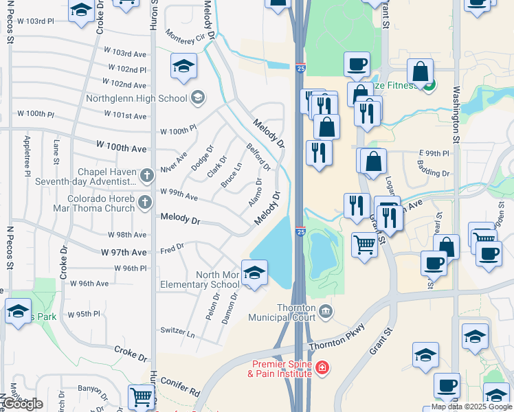 map of restaurants, bars, coffee shops, grocery stores, and more near 9780 Melody Drive in Northglenn