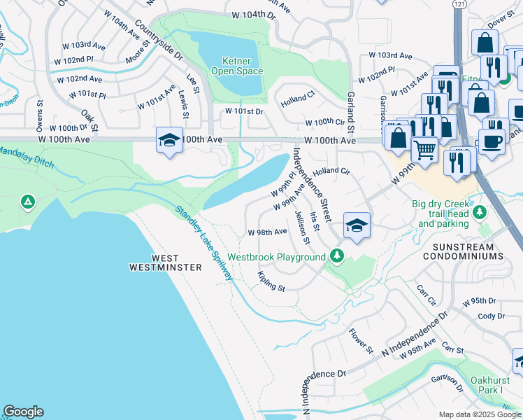 map of restaurants, bars, coffee shops, grocery stores, and more near 9948 West 99th Avenue in Westminster