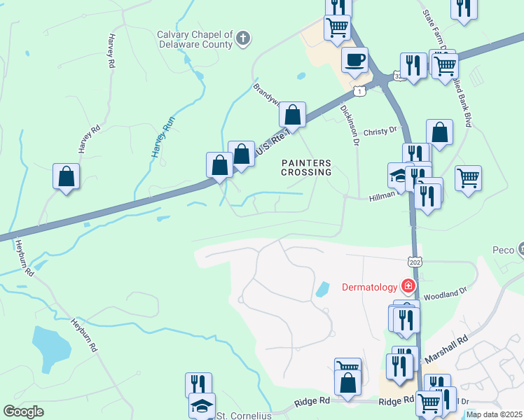 map of restaurants, bars, coffee shops, grocery stores, and more near 713 Painters Crossing in Chadds Ford