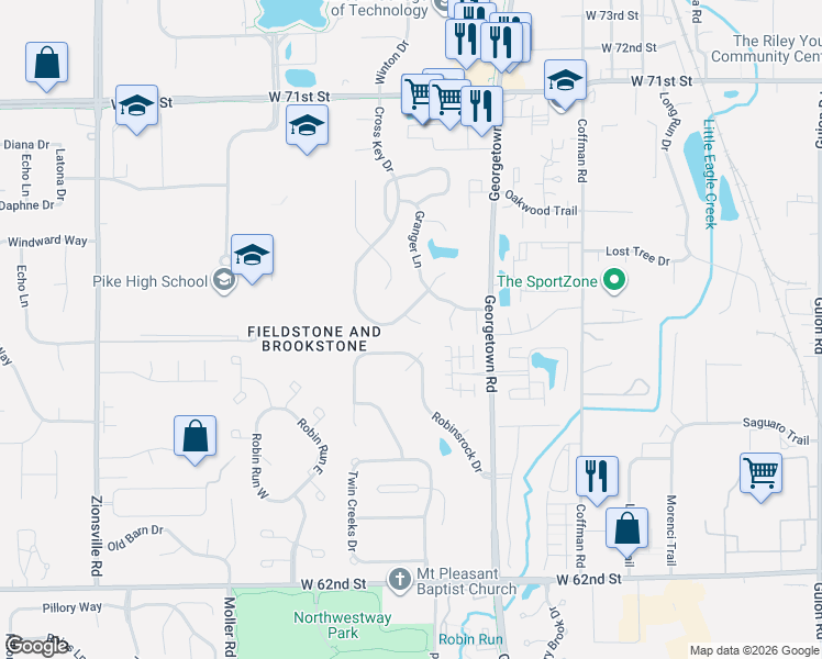 map of restaurants, bars, coffee shops, grocery stores, and more near 6510 Stonecreek Court in Indianapolis