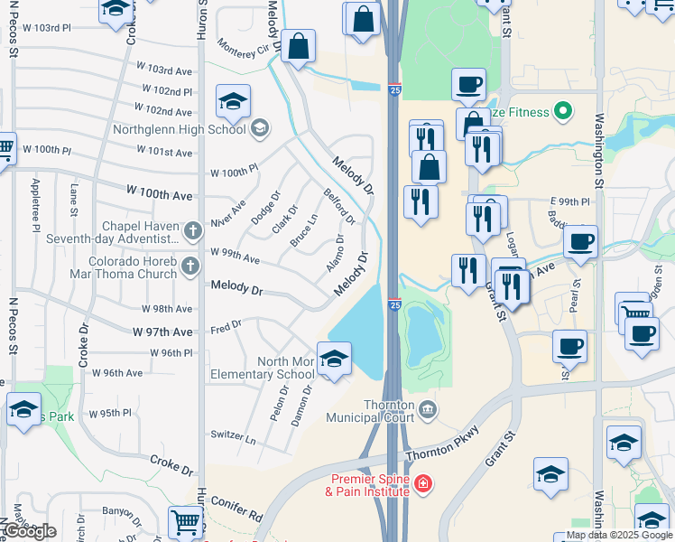 map of restaurants, bars, coffee shops, grocery stores, and more near 9780 Melody Drive in Northglenn
