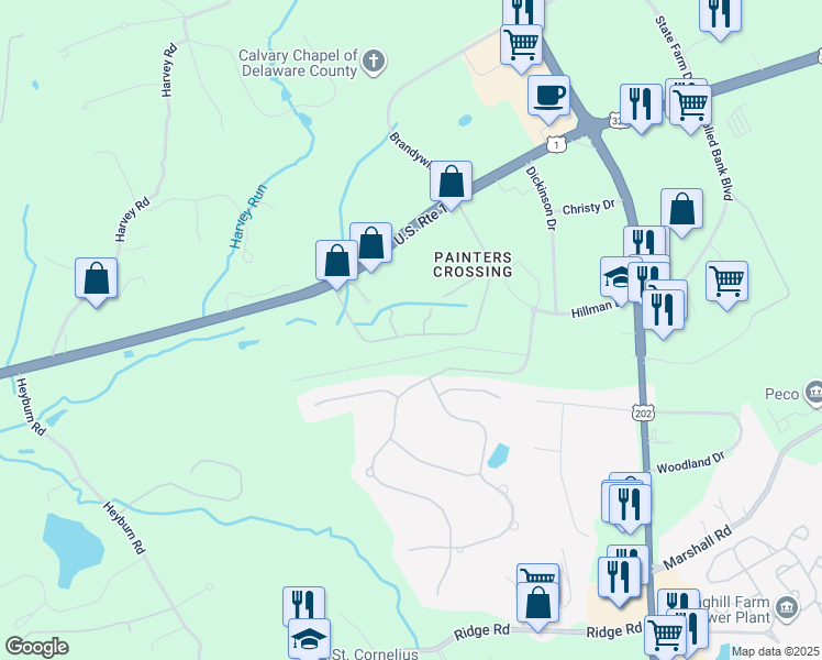 map of restaurants, bars, coffee shops, grocery stores, and more near 712 Painters Crossing in Chadds Ford