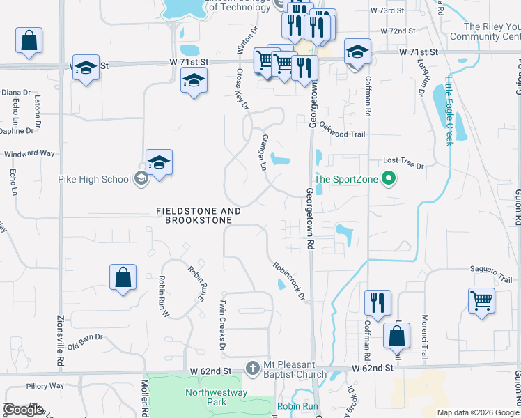 map of restaurants, bars, coffee shops, grocery stores, and more near 6510 Stonecreek Court in Indianapolis