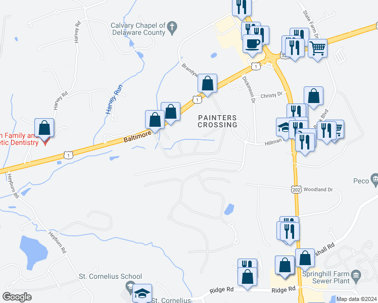 map of restaurants, bars, coffee shops, grocery stores, and more near 712 Painters Crossing in Chadds Ford