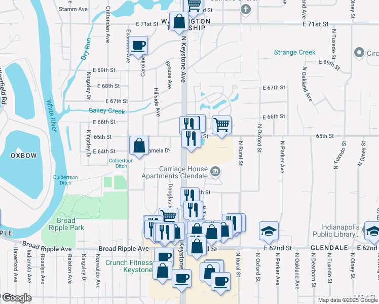 map of restaurants, bars, coffee shops, grocery stores, and more near 2629 East 65th Street in Indianapolis