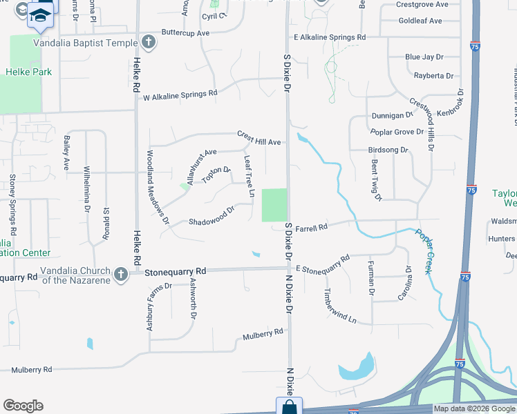 map of restaurants, bars, coffee shops, grocery stores, and more near 1348 Leaf Tree Lane in Vandalia