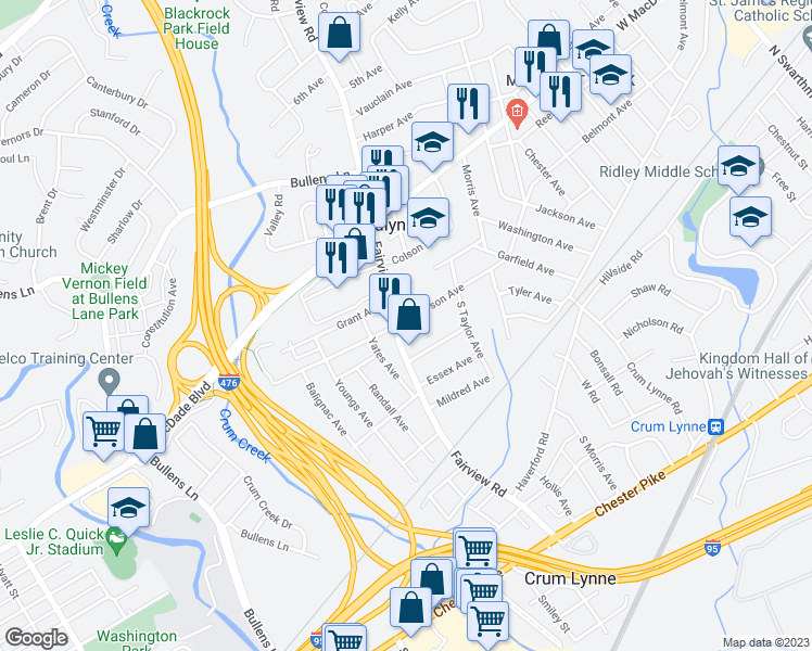 map of restaurants, bars, coffee shops, grocery stores, and more near 198 Fairview Road in Woodlyn