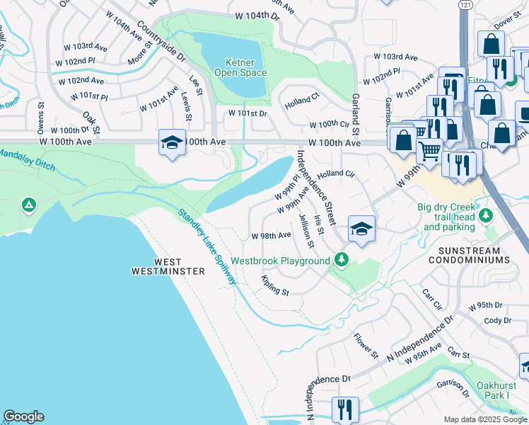 map of restaurants, bars, coffee shops, grocery stores, and more near 9948 West 99th Avenue in Westminster
