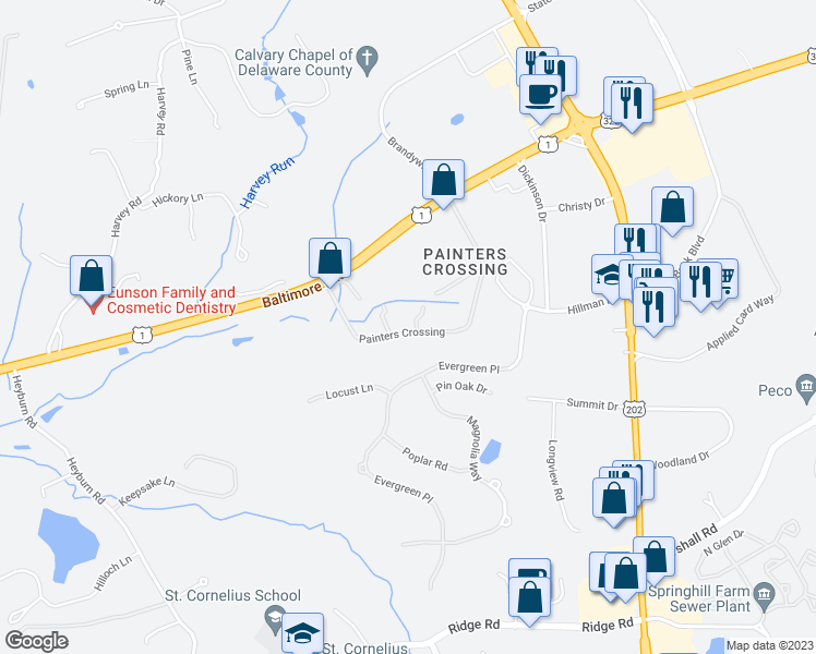 map of restaurants, bars, coffee shops, grocery stores, and more near 713 Painters Crossing in Chadds Ford