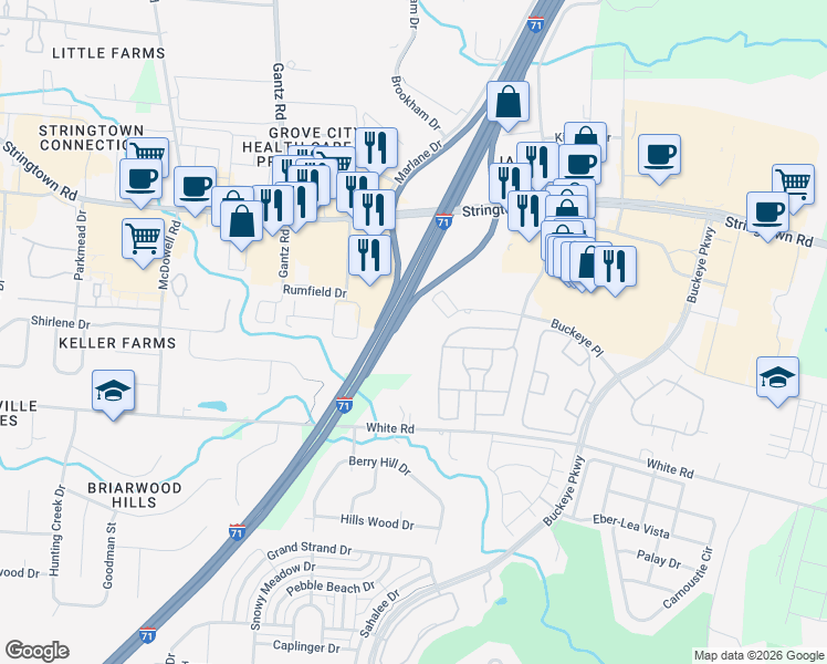 map of restaurants, bars, coffee shops, grocery stores, and more near 1750 Buckeye Place in Grove City
