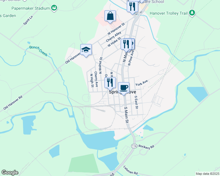 map of restaurants, bars, coffee shops, grocery stores, and more near 28 North Water Street in Spring Grove