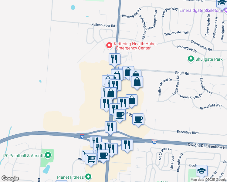 map of restaurants, bars, coffee shops, grocery stores, and more near 8250 Old Troy Pike in Huber Heights