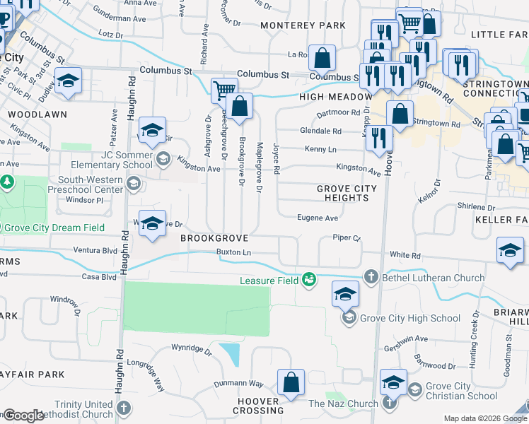 map of restaurants, bars, coffee shops, grocery stores, and more near 4364 Maplegrove Drive in Grove City