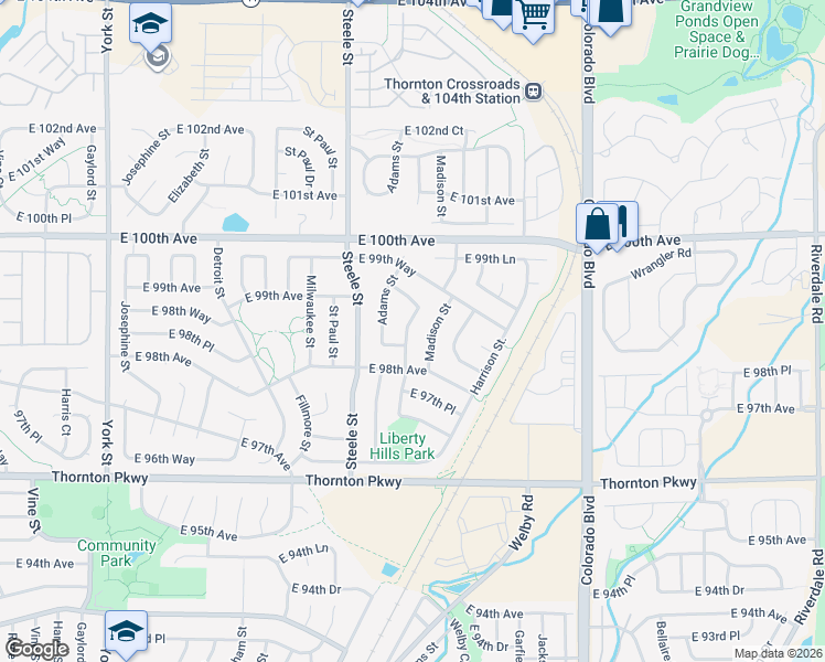 map of restaurants, bars, coffee shops, grocery stores, and more near 3428 East 98th Drive in Thornton