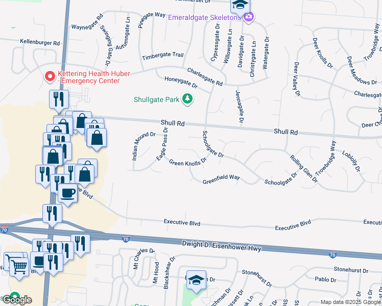 map of restaurants, bars, coffee shops, grocery stores, and more near 6148 Little Creek Court in Dayton