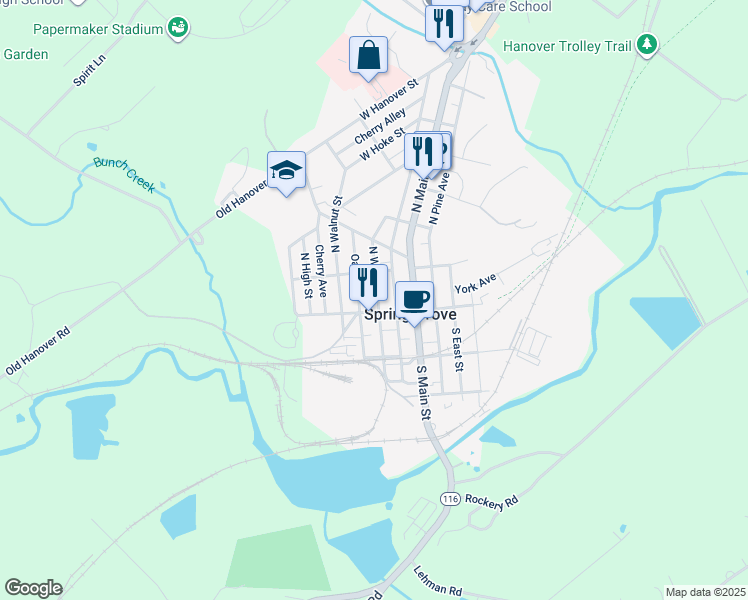 map of restaurants, bars, coffee shops, grocery stores, and more near 28 North Water Street in Spring Grove