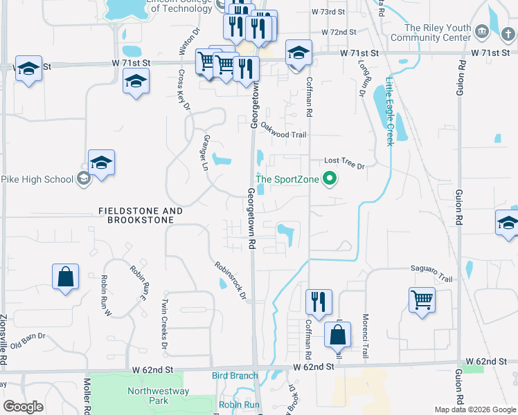 map of restaurants, bars, coffee shops, grocery stores, and more near 4958 Dawn Drive in Indianapolis
