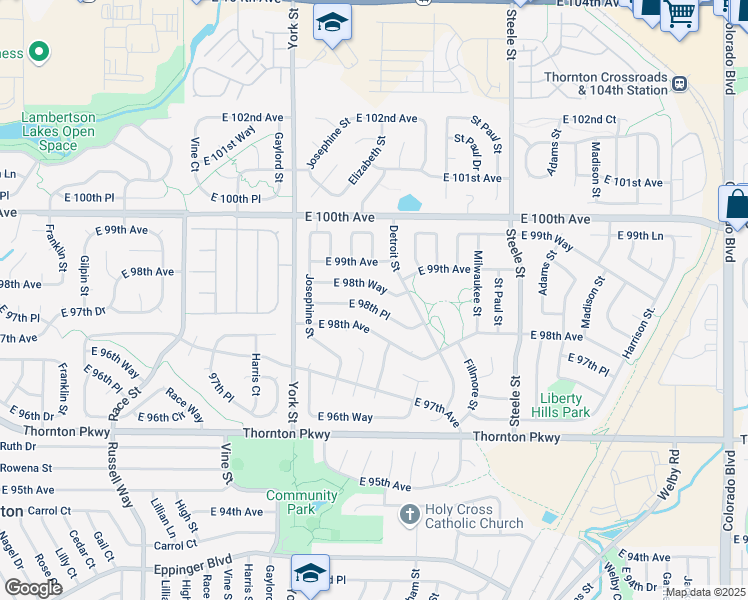 map of restaurants, bars, coffee shops, grocery stores, and more near 2641 East 98th Place in Thornton