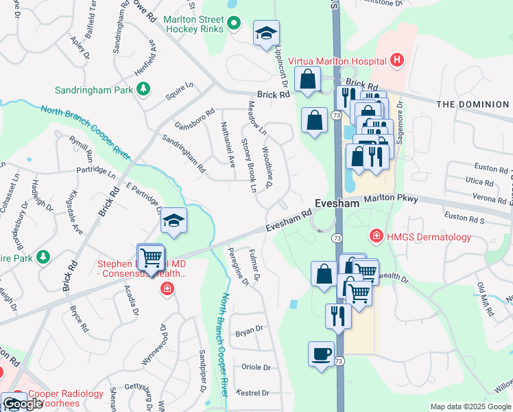 map of restaurants, bars, coffee shops, grocery stores, and more near 104 Meadow Lane in Evesham