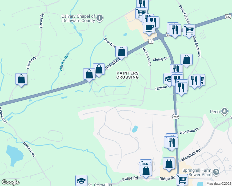 map of restaurants, bars, coffee shops, grocery stores, and more near 713 Painters Crossing in Chadds Ford