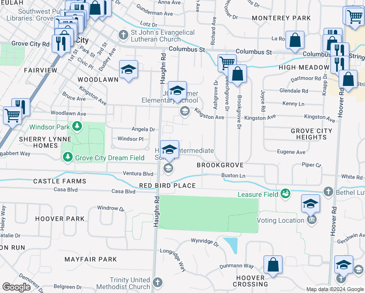 map of restaurants, bars, coffee shops, grocery stores, and more near 3002 Woodgrove Drive in Grove City