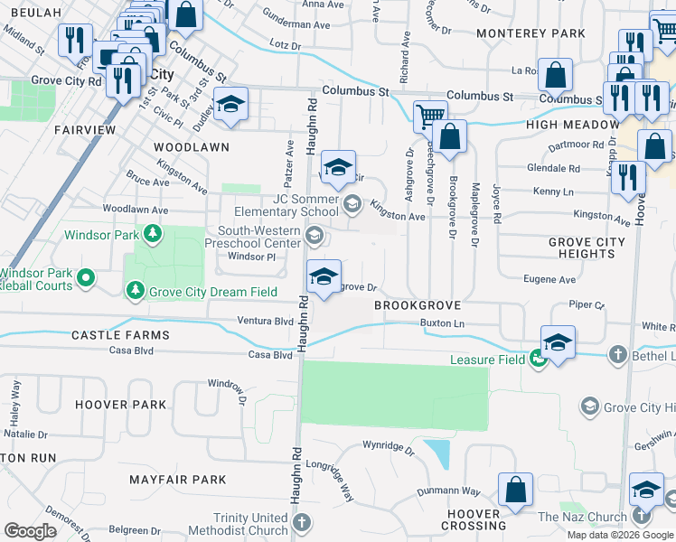 map of restaurants, bars, coffee shops, grocery stores, and more near 3002 Woodgrove Drive in Grove City