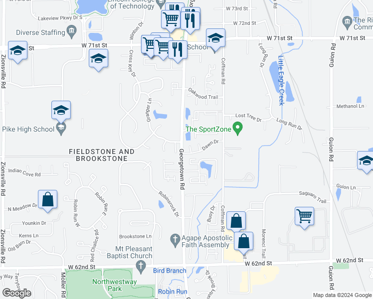 map of restaurants, bars, coffee shops, grocery stores, and more near in Indianapolis