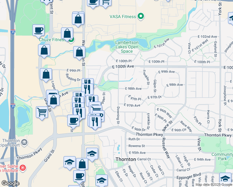 map of restaurants, bars, coffee shops, grocery stores, and more near 9743 Downing Street in Thornton