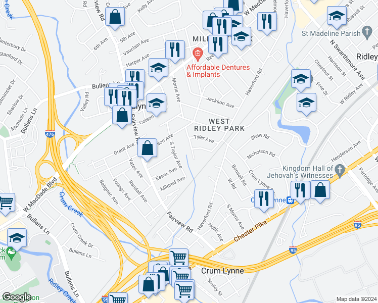 map of restaurants, bars, coffee shops, grocery stores, and more near 125 Morris Avenue in Woodlyn