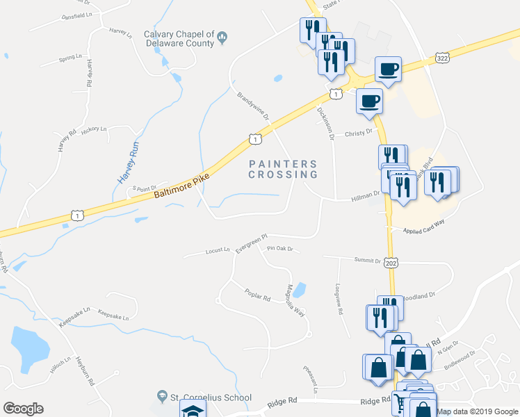map of restaurants, bars, coffee shops, grocery stores, and more near 1007 Painters Crossing in Chadds Ford