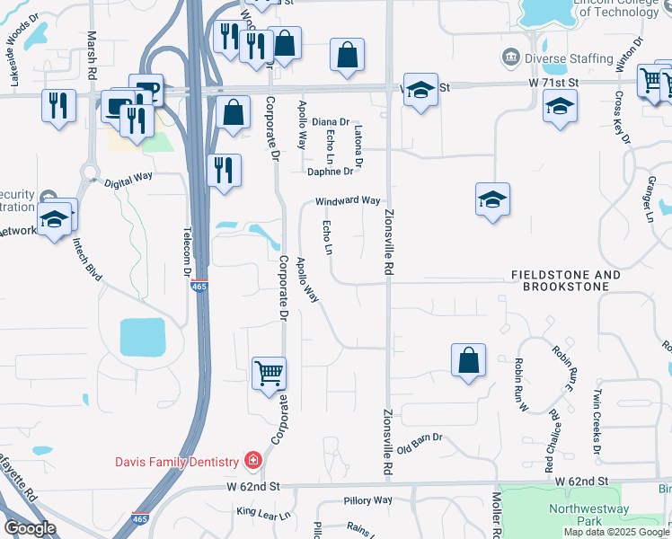 map of restaurants, bars, coffee shops, grocery stores, and more near 6583 Echo Lane in Indianapolis