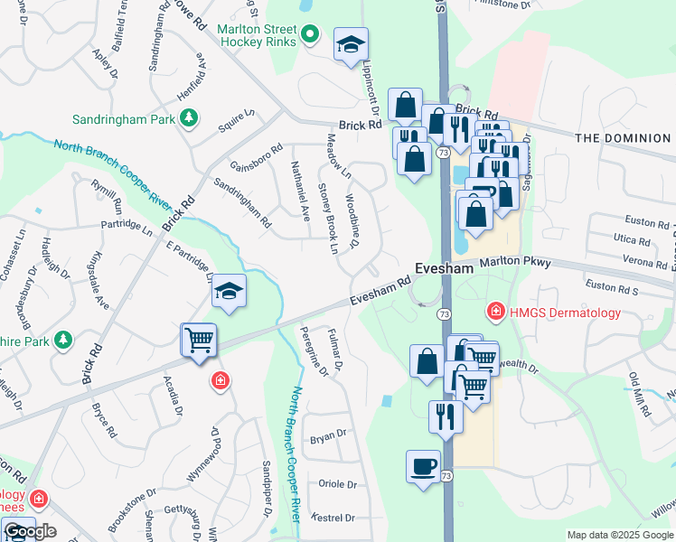 map of restaurants, bars, coffee shops, grocery stores, and more near 104 Meadow Lane in Evesham